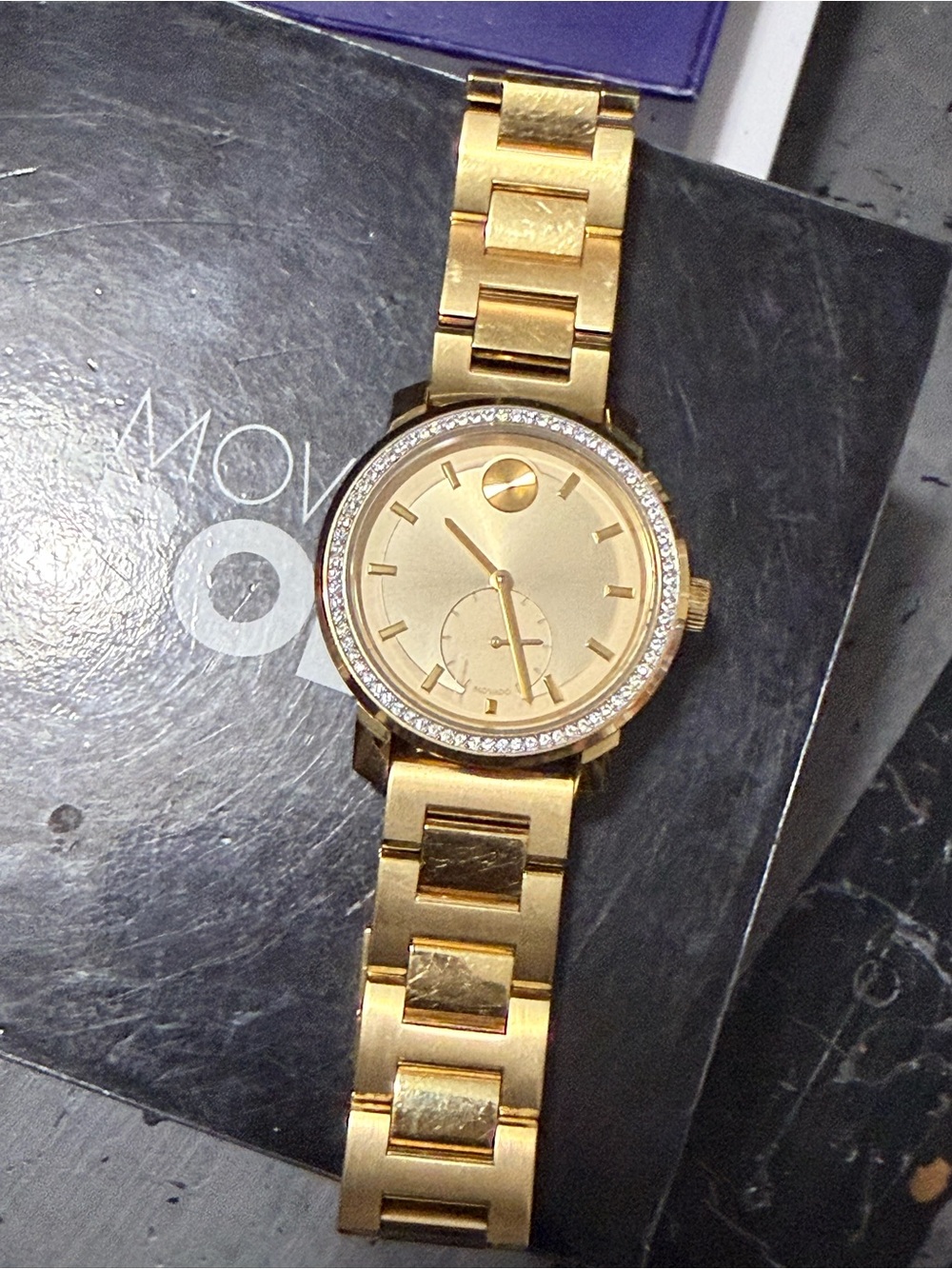 Movado BoldGold Tone Round Dial Bracelet Watch with Crystal Bezel (VIDEO)